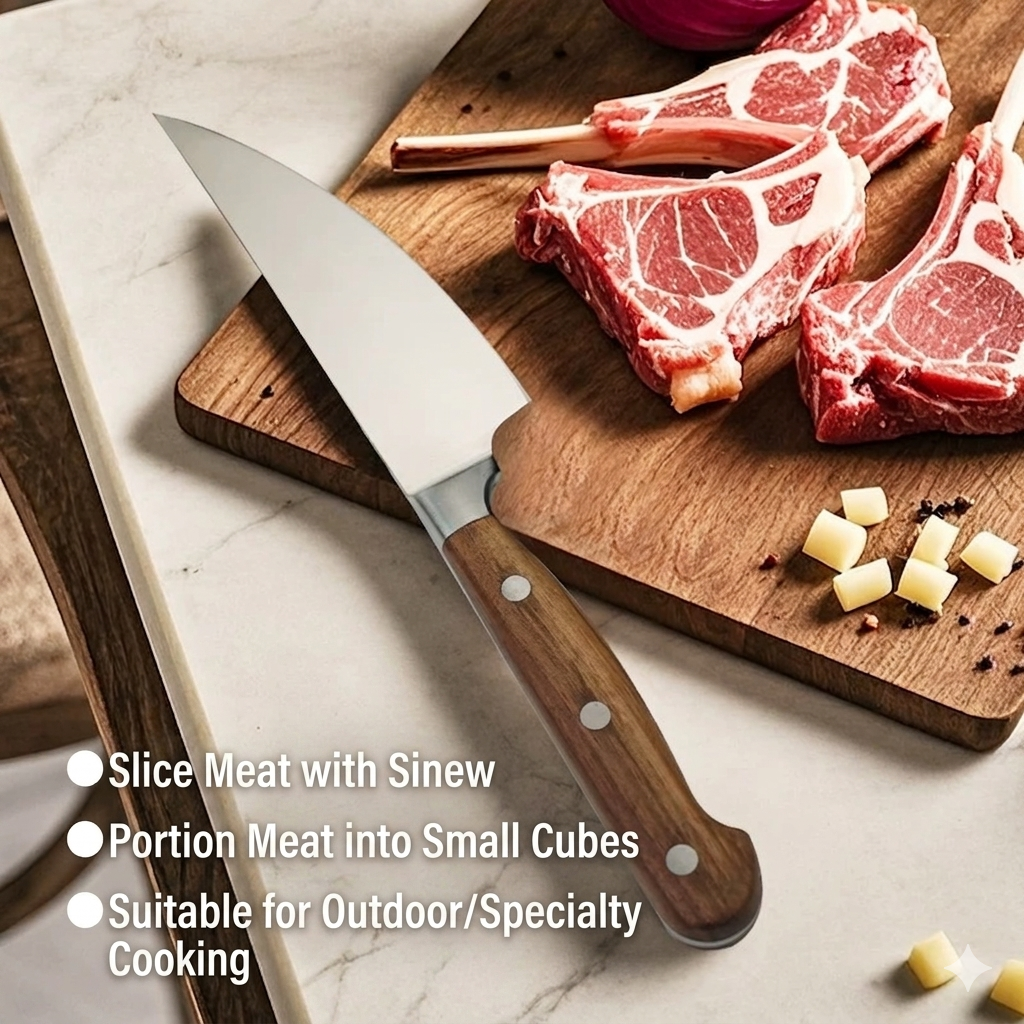 Ignited 5-inch boning knife with wood handle next to raw meat chops and small cubed meat on a marble countertop, showing its versatility for specialty cooking.