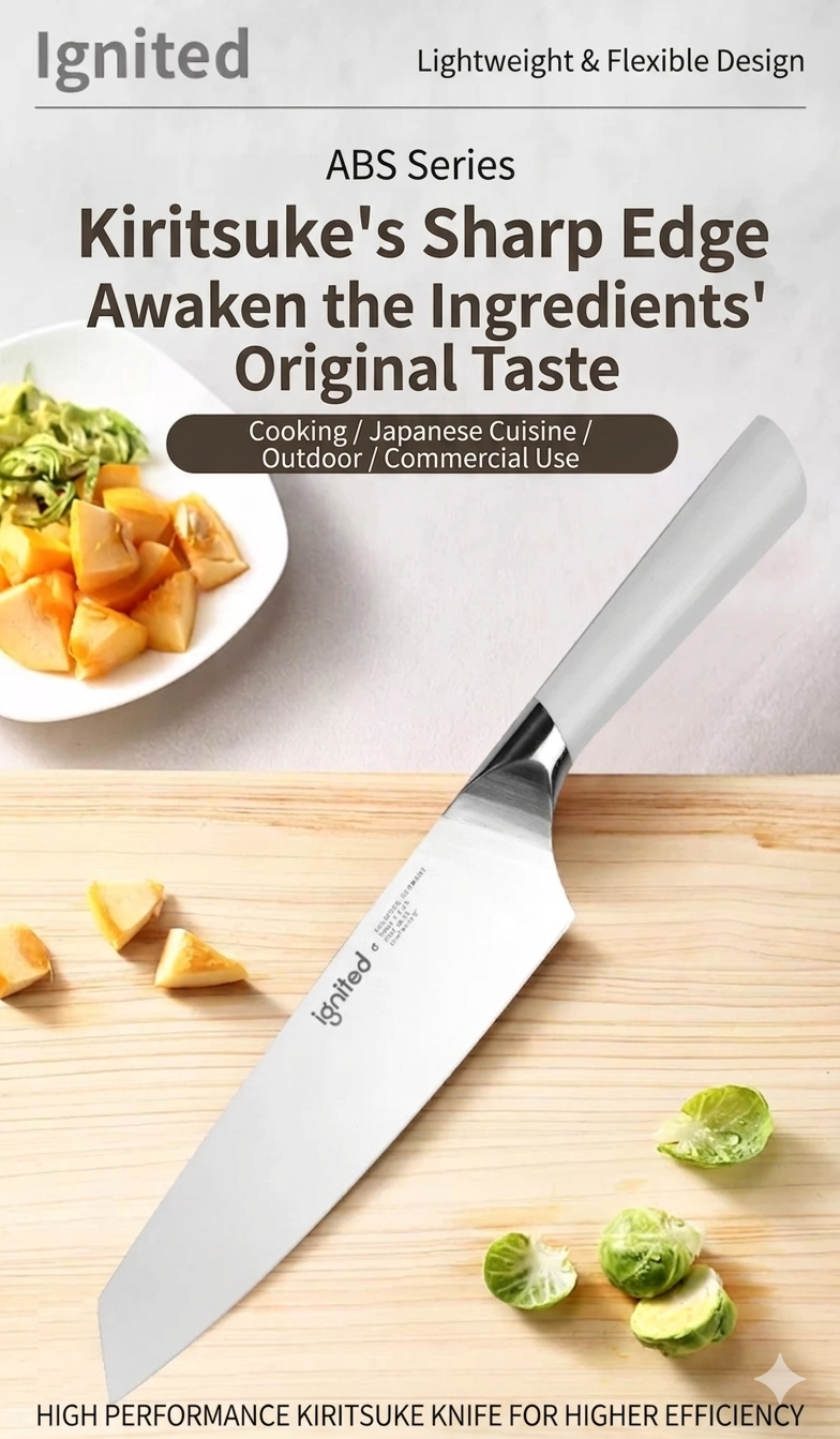 Ignited Kiritsuke chef knife for Japanese cuisine and professional kitchen use.