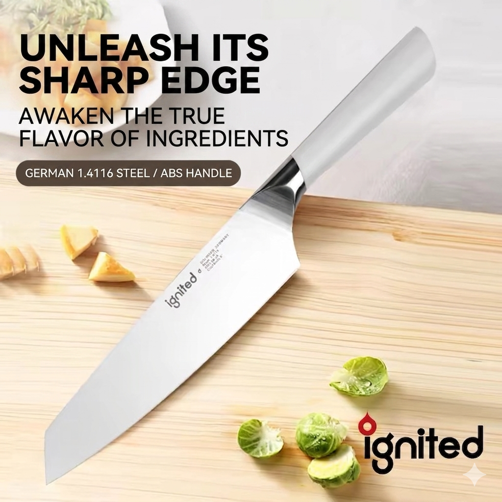 Professional Ignited Kiritsuke chef knife with German steel blade and white ABS handle on a cutting board.