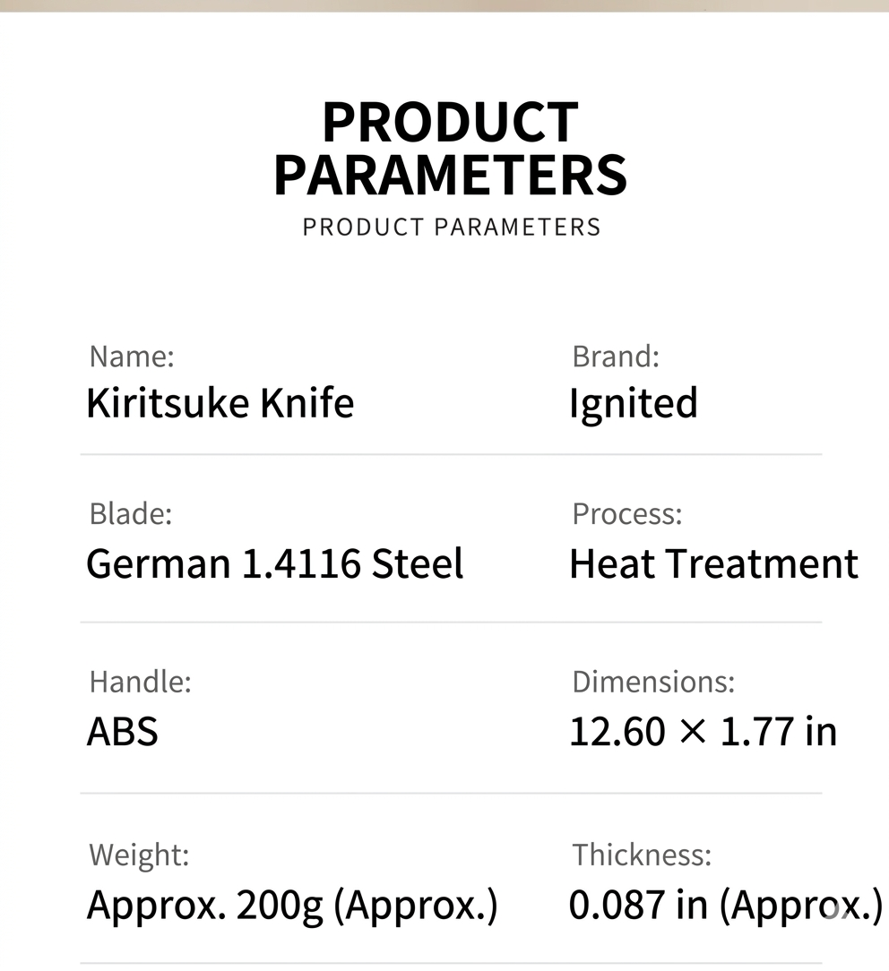 Technical parameters of Ignited Kiritsuke knife: German 1.4116 steel, ABS handle, and 12.6 inch length.
