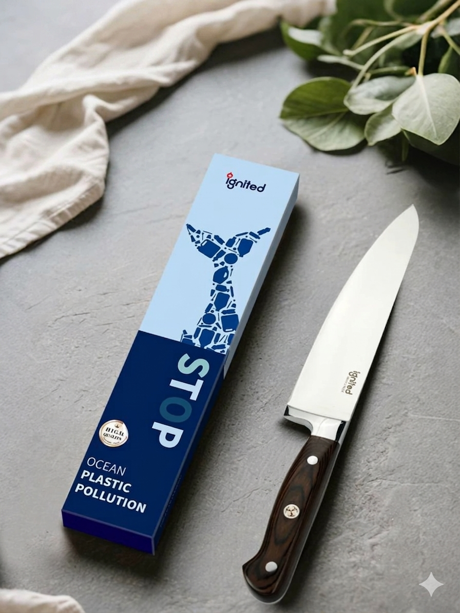 Ignited high-carbon steel chef knife alongside its sustainable gift box packaging, featuring the "STOP OCEAN PLASTIC POLLUTION" message.