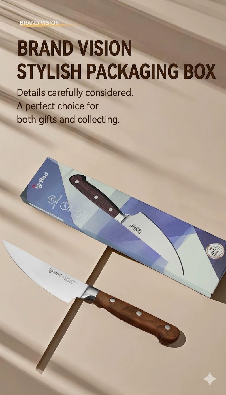 Stylish branded packaging box for Ignited boning knife, ideal for cooking gifts and collectors.