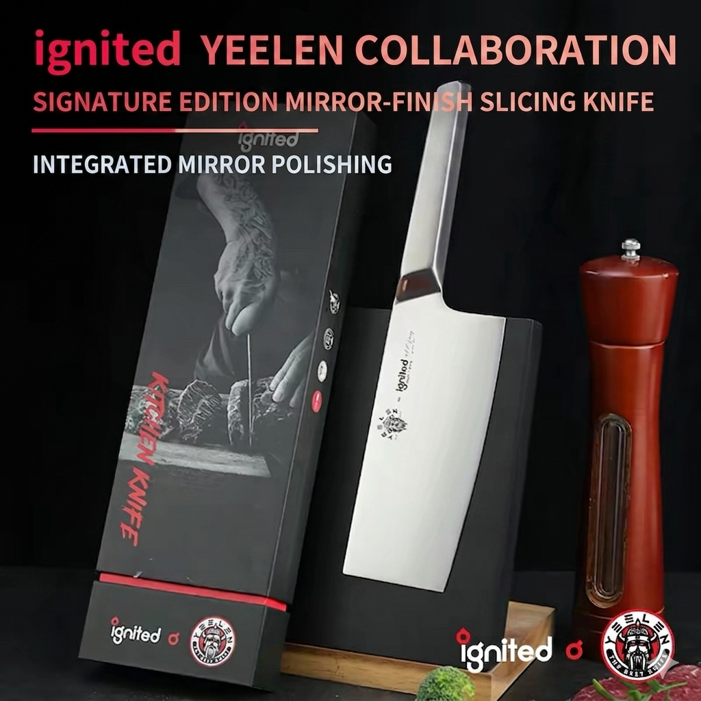 The signature edition mirror-finish slicing knife displayed with its premium packaging and a pepper grinder.