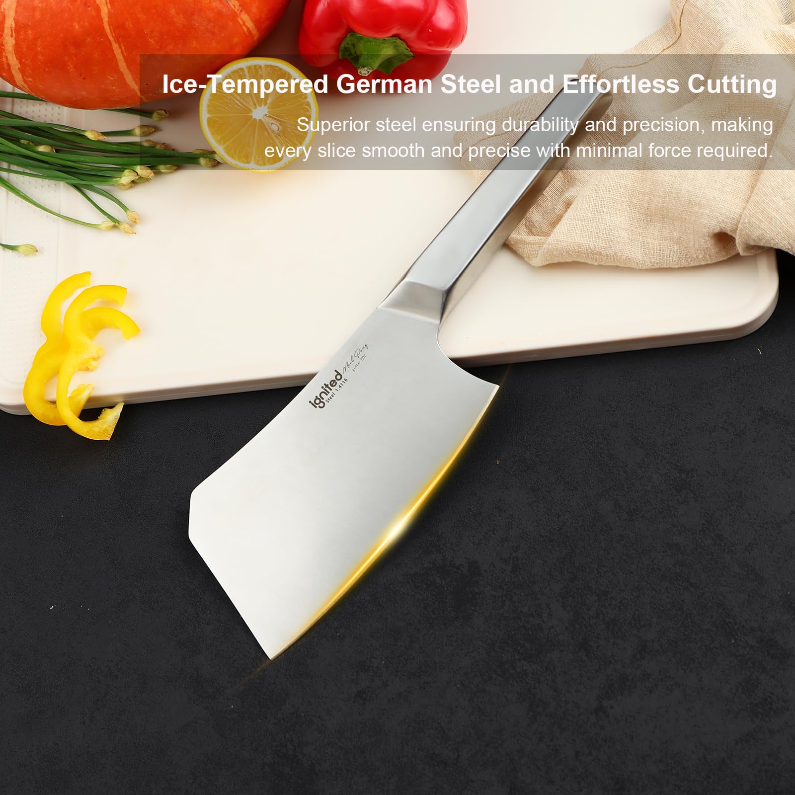 IGNITED CUTLERY Cleaver Knife for Meat Cutting – Heavy Duty Butcher Knife with German Stainless Steel & Full Steel Handle | Bone Chopper, Vegetable Slicer, Kitchen Essential