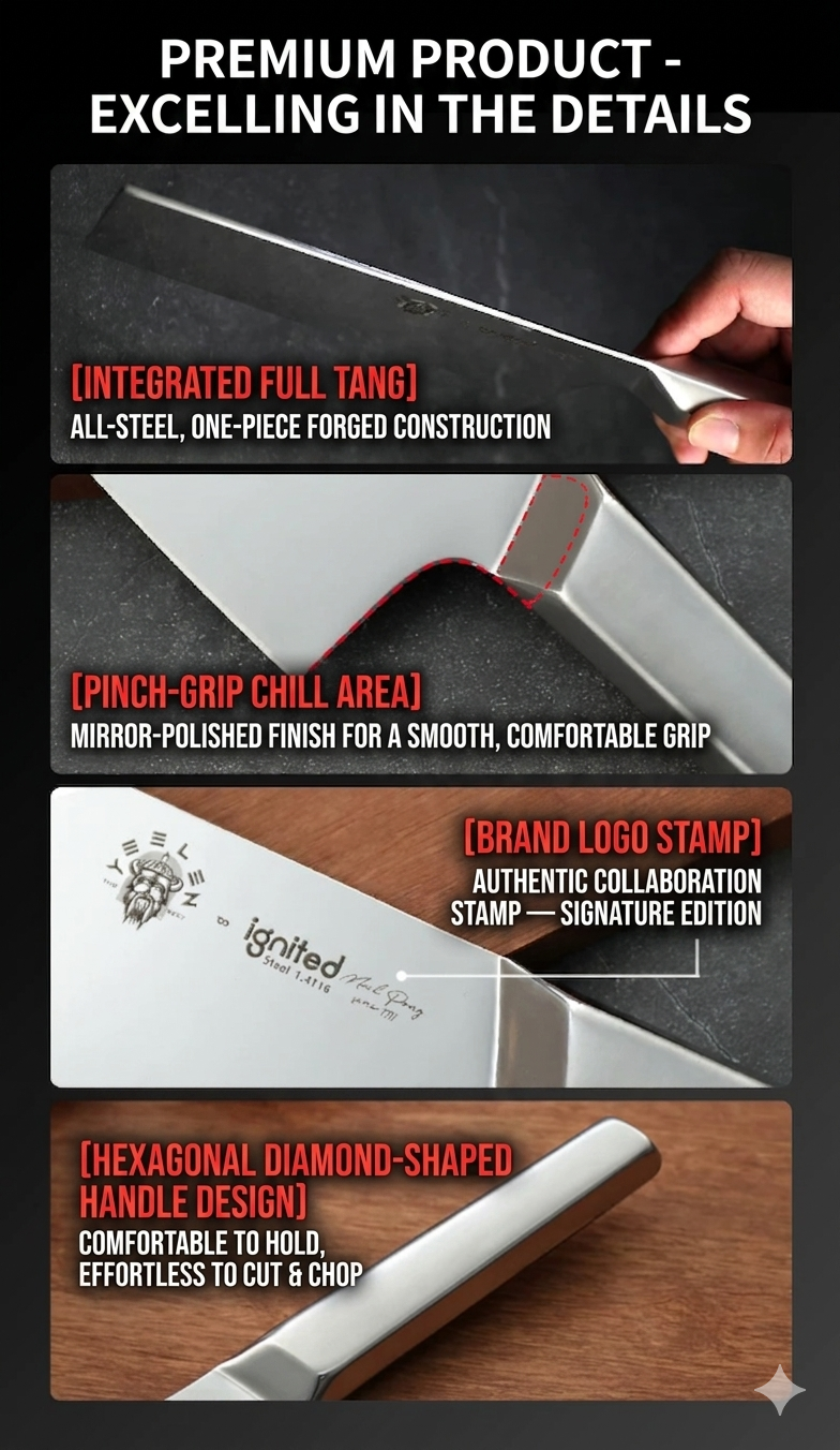 Infographic showing integrated full tang construction, pinch-grip area, and hexagonal diamond-shaped handle.
