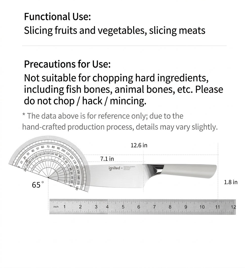 12.6 inch Kiritsuke knife dimensions and safety precautions for slicing fruits and meats.