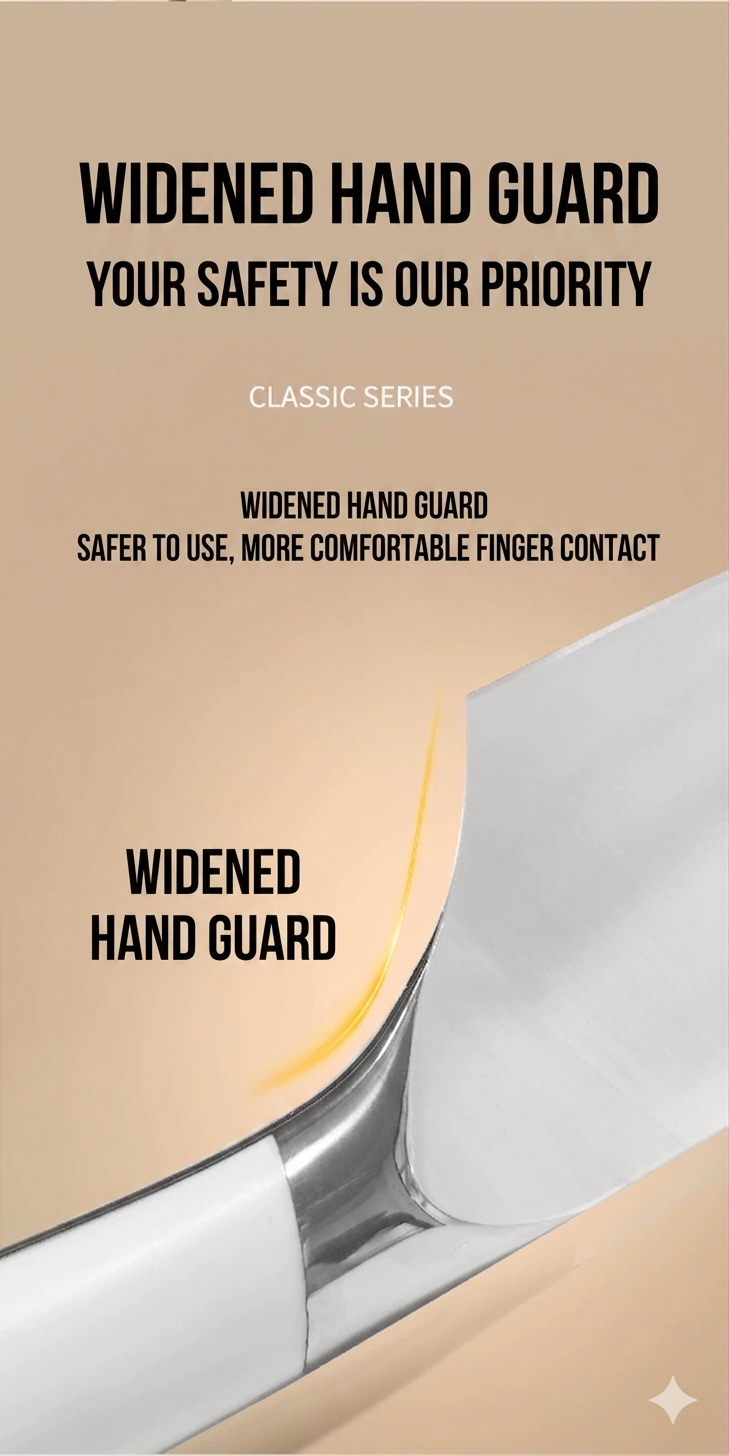 Ignited Kiritsuke knife featuring a widened hand guard for enhanced finger safety and comfort.