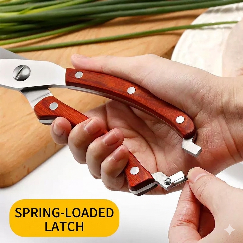 Close-up image demonstrating the functional spring-loaded latch on the kitchen shears, a safety feature designed for secure storage.