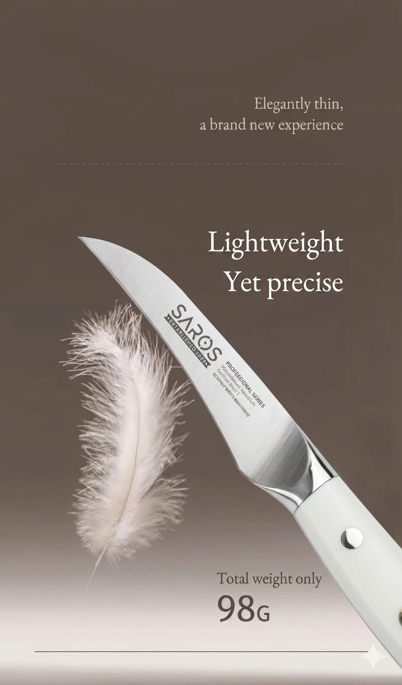 Ultra-lightweight 98g SAROS paring knife shown with a feather to illustrate precision.
