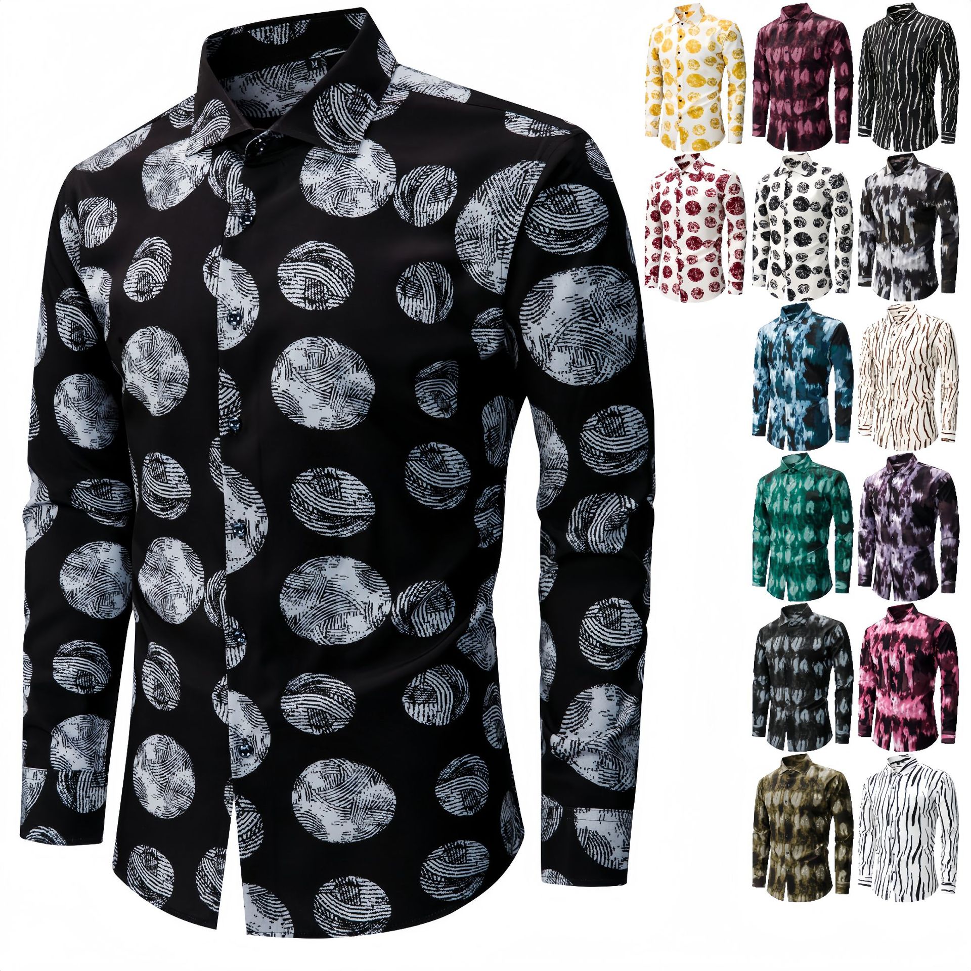 Multi-color options and patterned styles of men's casual long sleeve button-down shirts including polka dot and tie-dye prints.