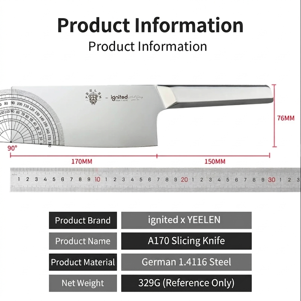 Detailed dimensions of the A170 slicing knife showing 170mm blade and 150mm handle length.