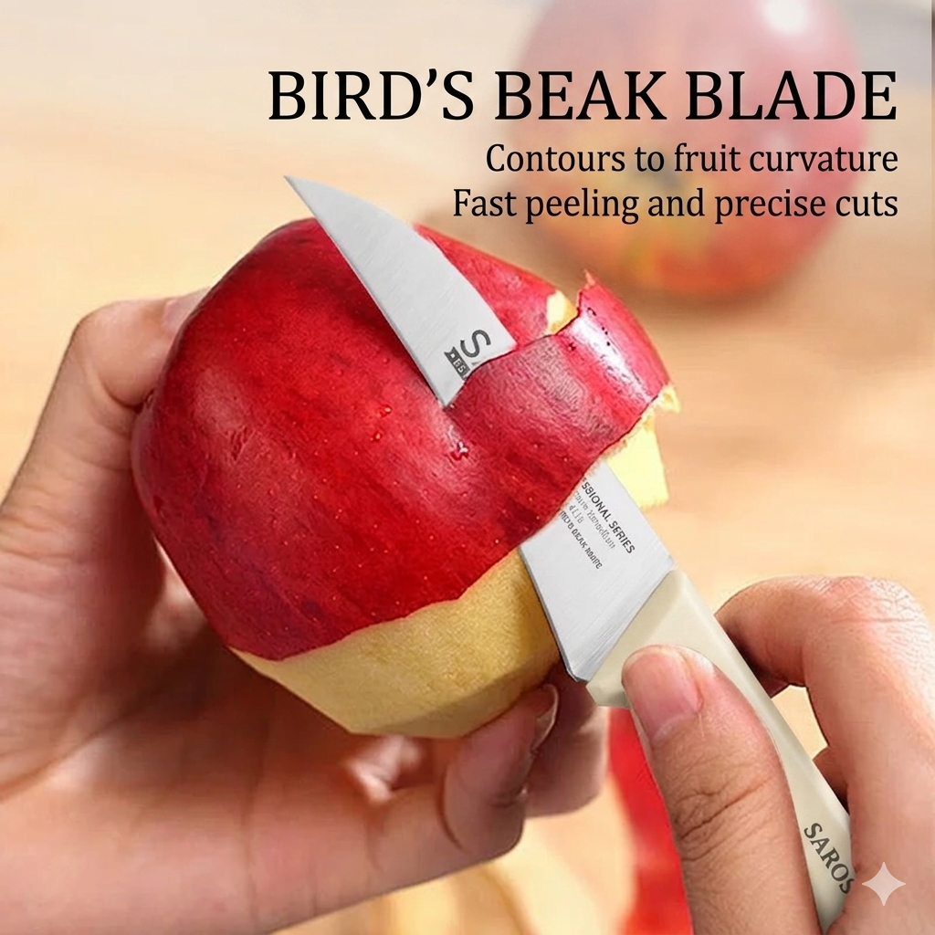 Using a bird's beak knife to peel a red apple with precision and speed.