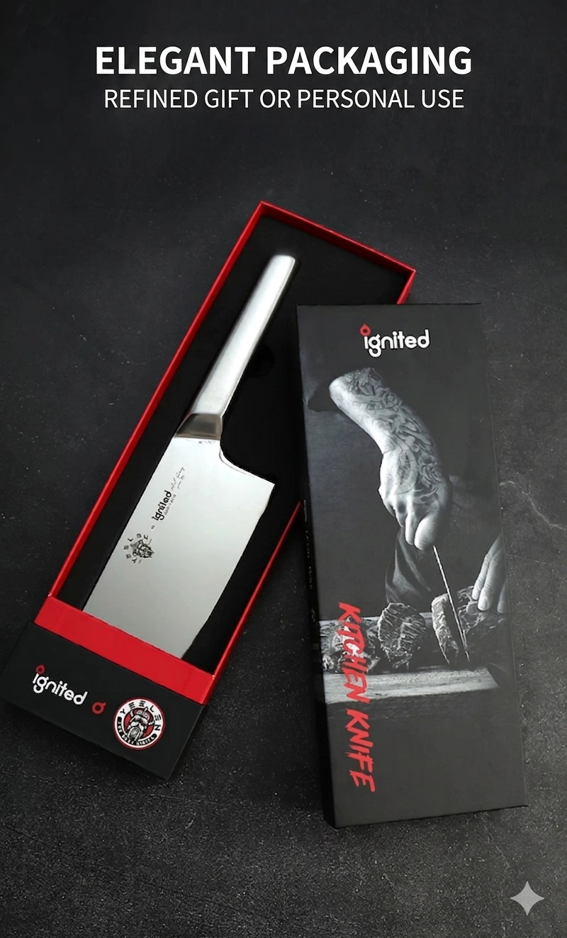 Elegant red and black gift box packaging for the ignited slicing knife, perfect for personal use or gifting.