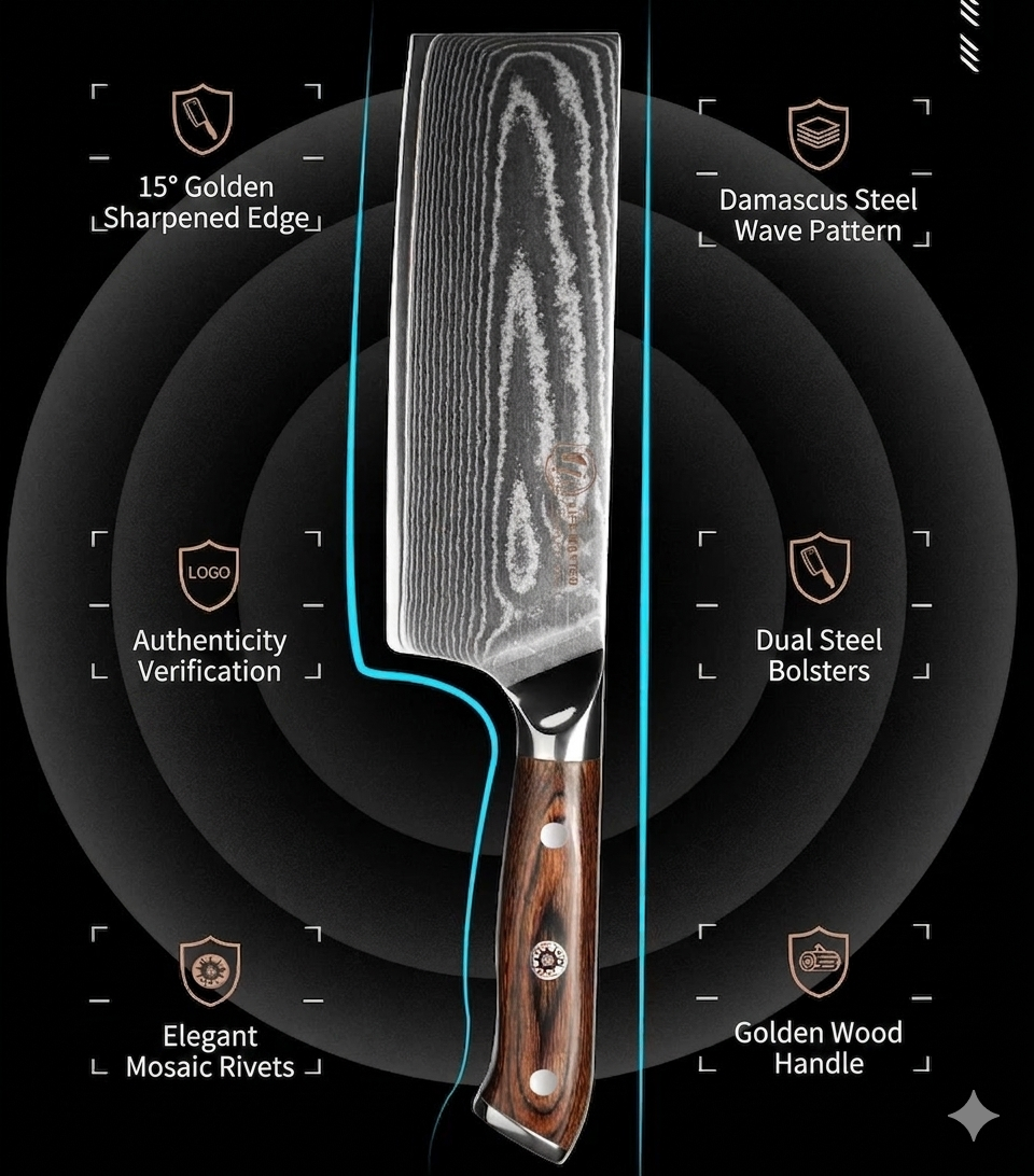 Key features of the Nakiri knife: SG10 steel, wave pattern, mosaic rivets, and wood handle.