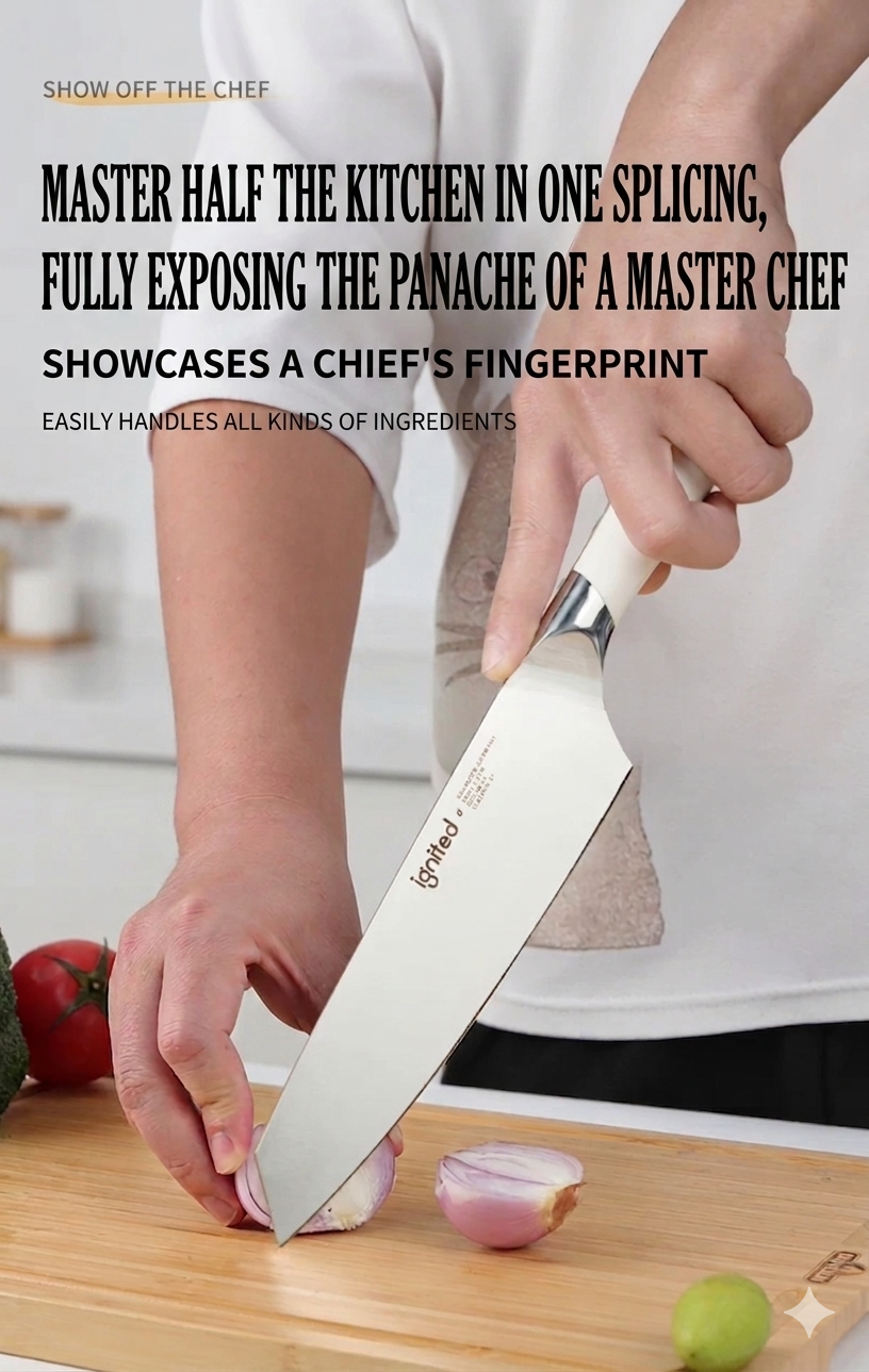 Professional chef using Ignited Kiritsuke knife to slice onions with precision.