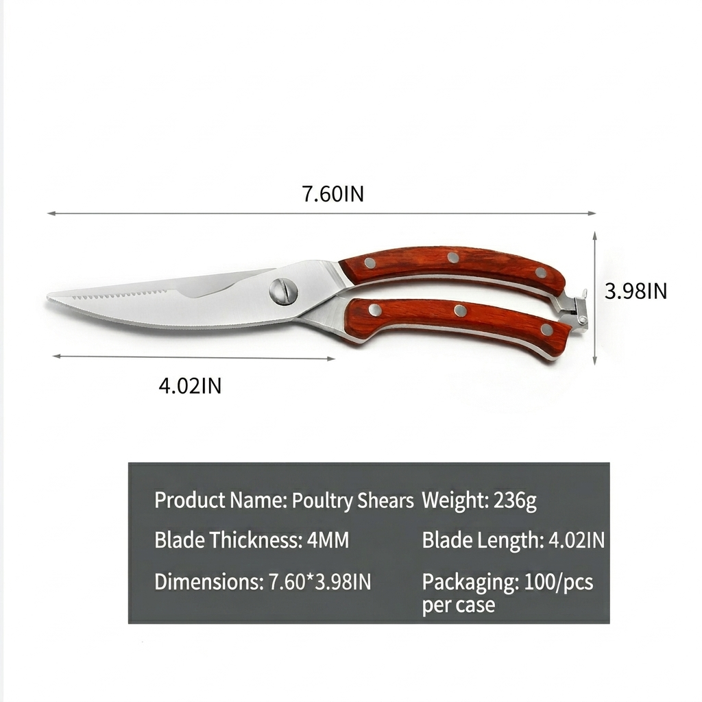 Product dimension guide for professional poultry shears showing length, blade size, weight, blade thickness, and packaging details, making it easy for customers to understand product size.