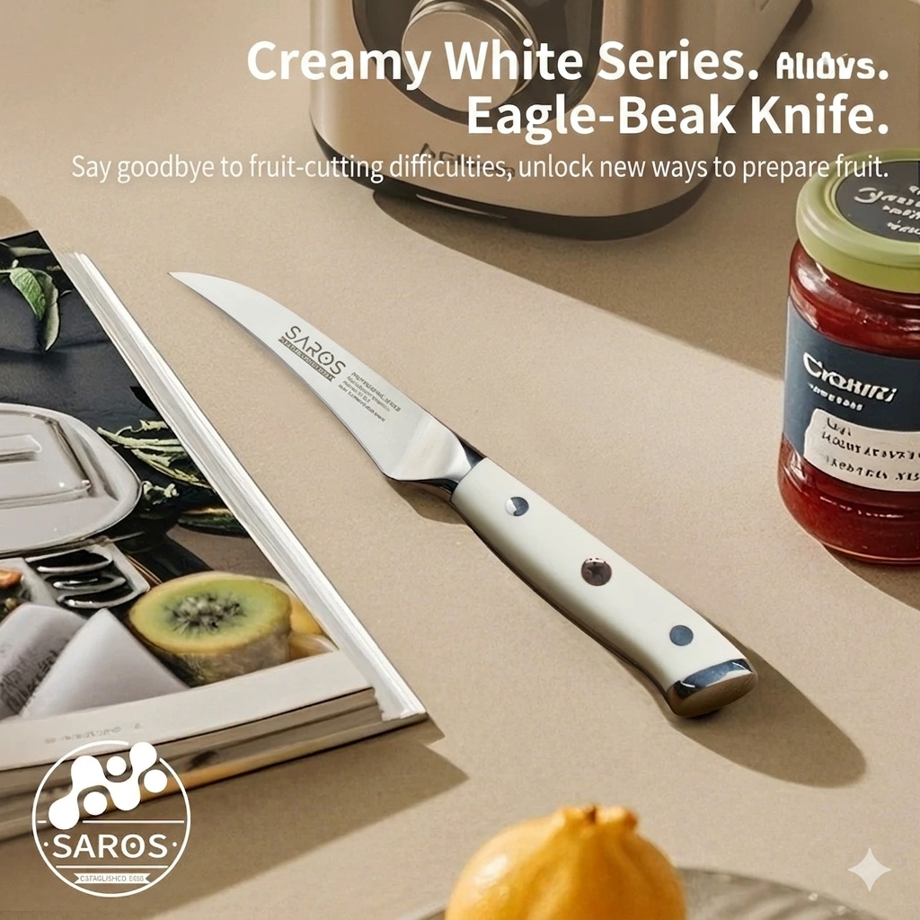 SAROS Creamy White Series eagle-beak knife displayed on a kitchen counter.
