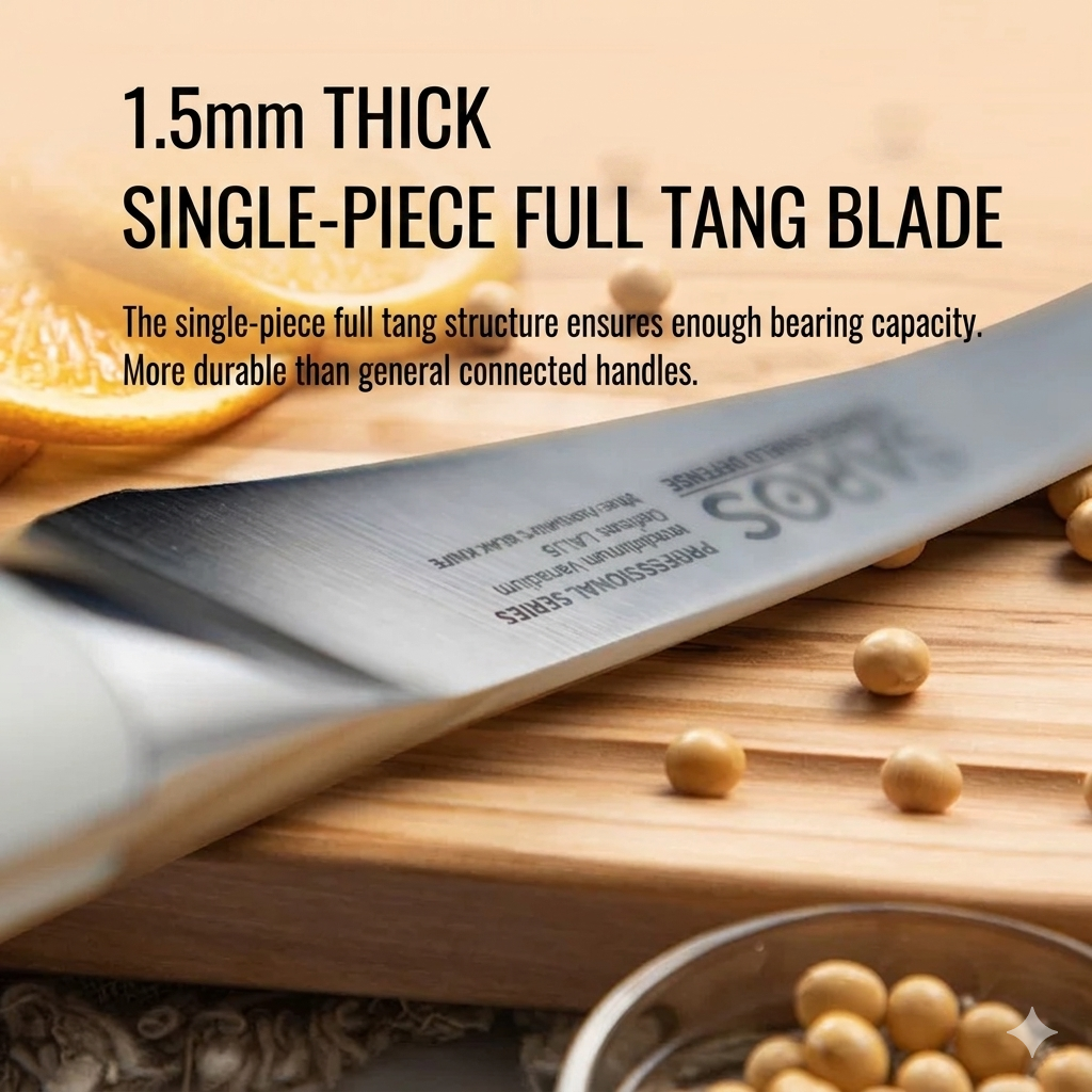 Close-up of the 1.5mm thick single-piece full tang blade for enhanced durability.