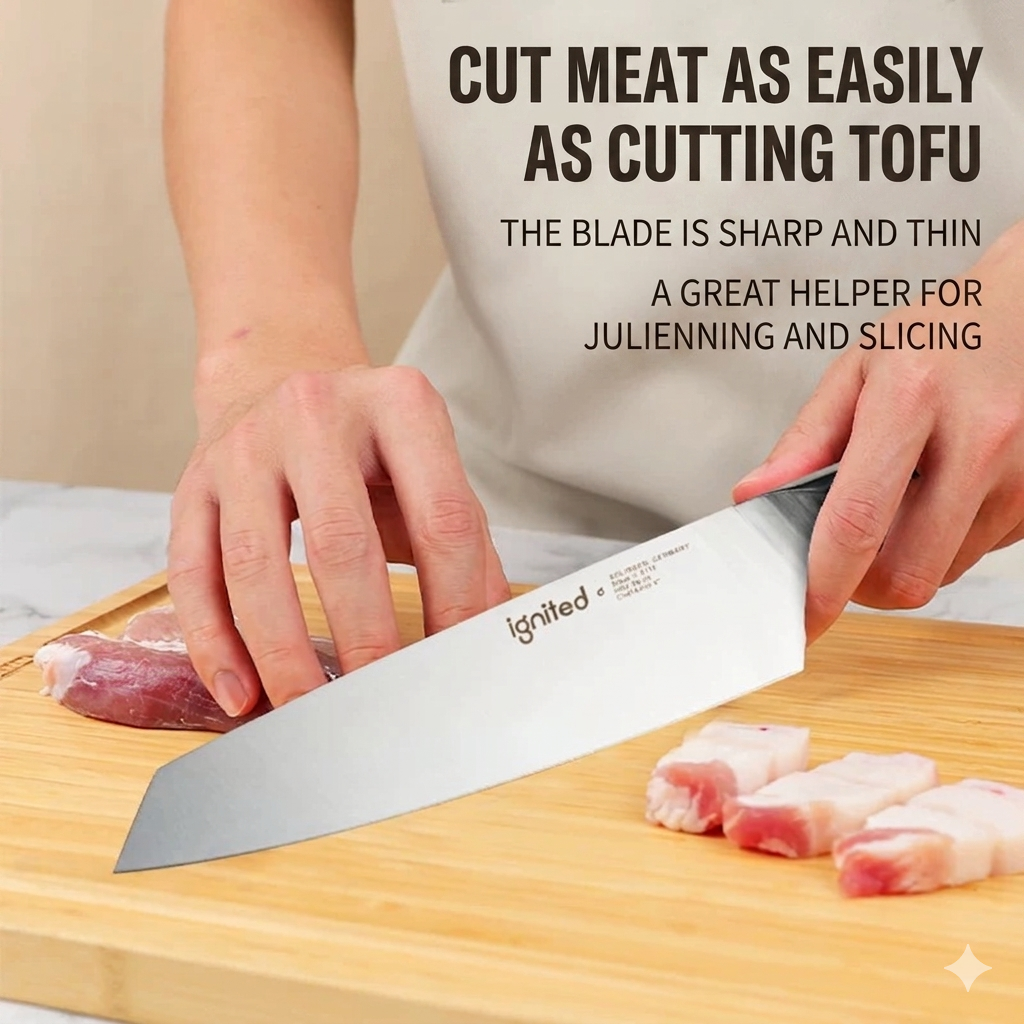Effortlessly slicing meat with a sharp Ignited Kiritsuke chef knife, perfect for julienning and dicing.