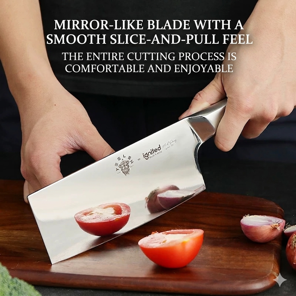 Close-up of a chef using the mirror-finish slicing knife to achieve a smooth slice-and-pull cut on fresh tomatoes.