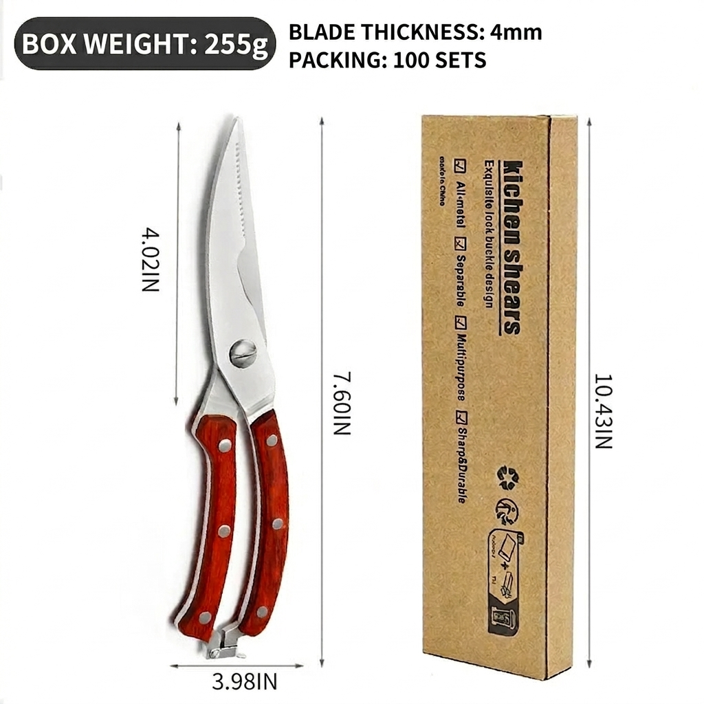 Close-up of spring-loaded kitchen shears with wooden handle in closed position. Includes detailed dimension lines for blade length, handle width, overall length, box weight, and blade thickness. Cardboard packaging is visible in the background.