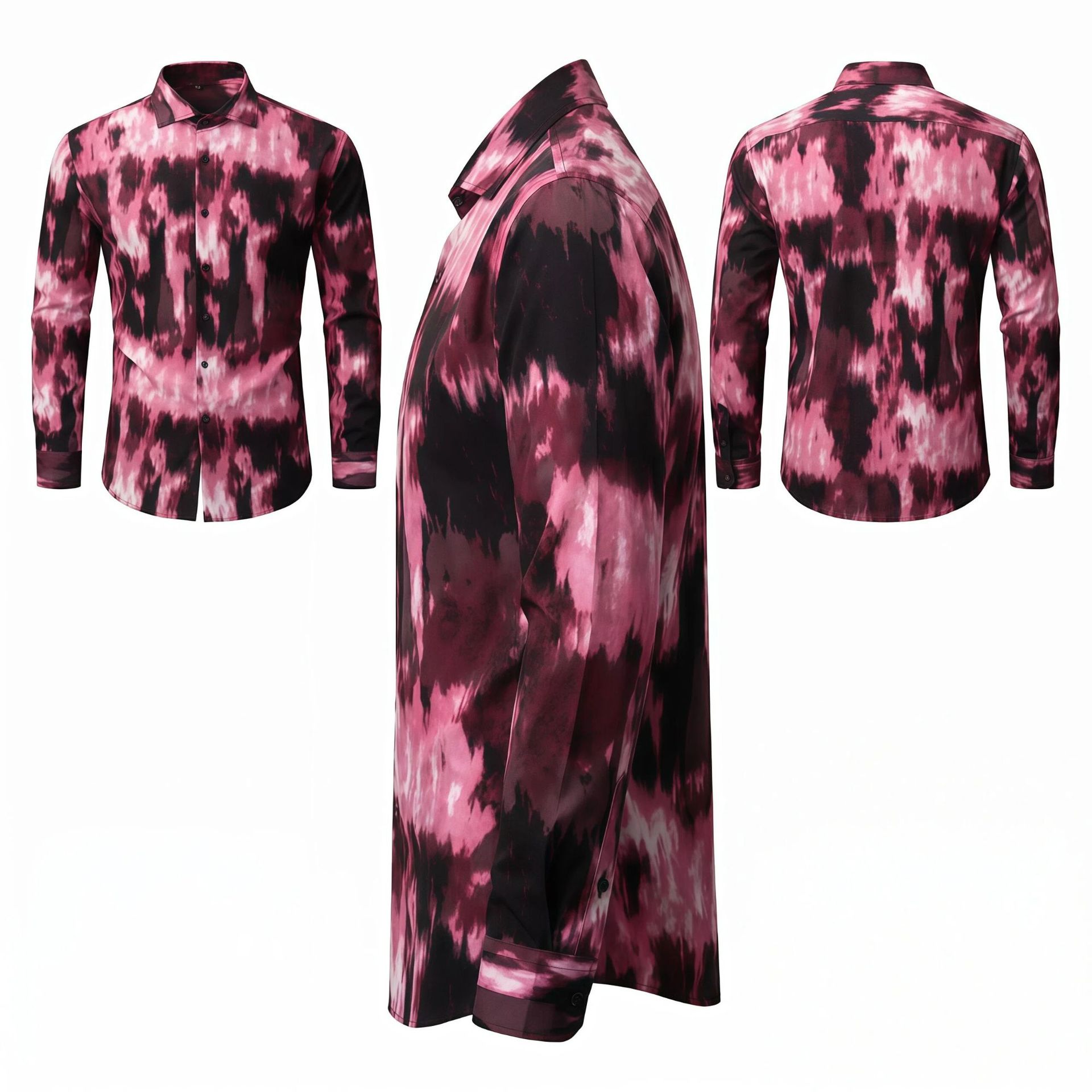 Front, side, and back views of the men's pink and black tie-dye long sleeve button-down shirt on a white background.
