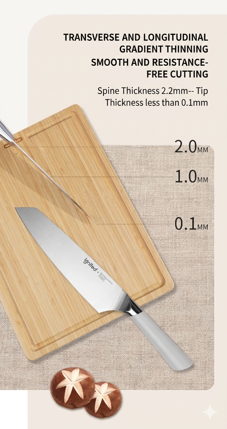 Measurement showing 2.2mm spine thickness and 0.1mm tip for resistance-free slicing.