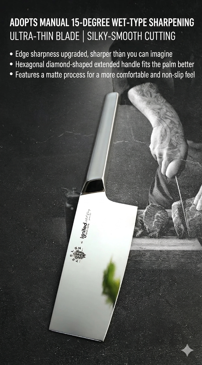 Close-up of the ultra-thin blade featuring a manual 15-degree wet-type sharpening for silky-smooth cutting.
