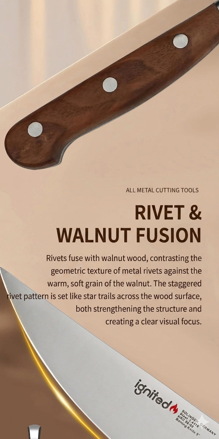 Premium walnut wood handle with triple rivet fusion for a comfortable and secure grip.
