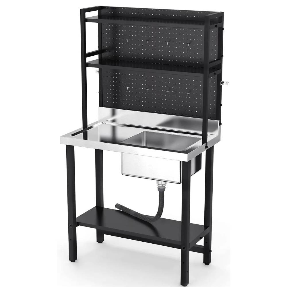 VINGLI Commercial Sink with Drainboard and Adjustable Shelves Pegboard