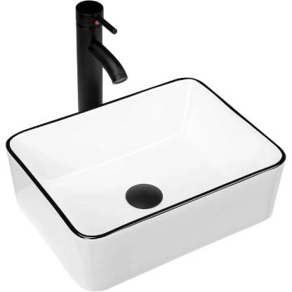 KSWIN Ceramic Rectangular Bathroom Vessel Sink, White Body with Black Trim on The Top