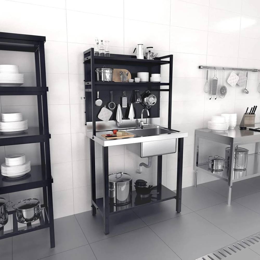 VINGLI Commercial Sink with Drainboard and Adjustable Shelves Pegboard