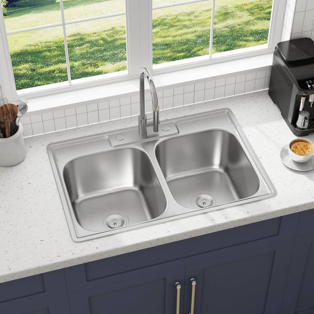 Blenzia 33 Inch Double Bowl Kitchen Sink Topmount Stainless Steel