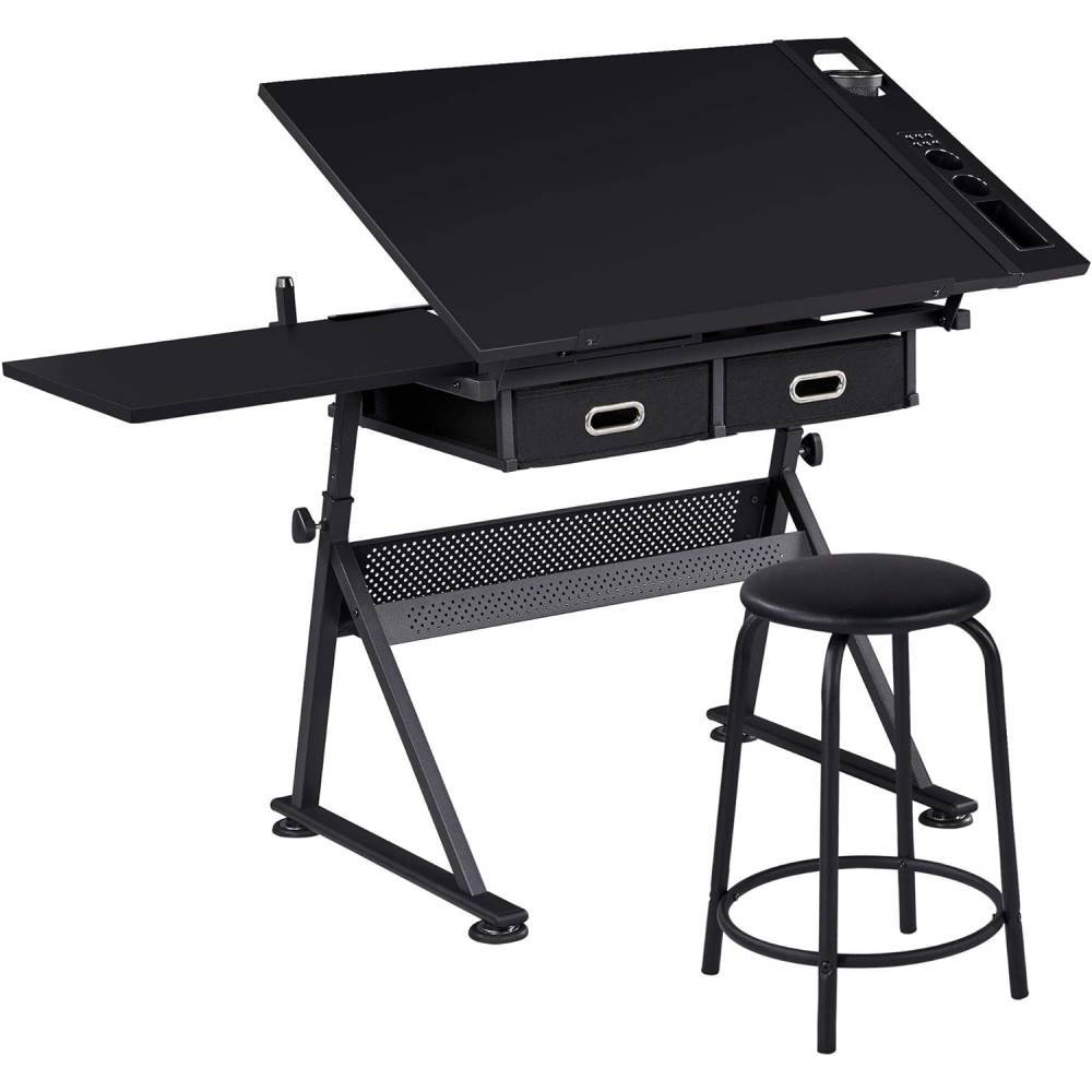 Yaheetech Drafting Table for Artists w/ 2 Storage Drawers and Stool