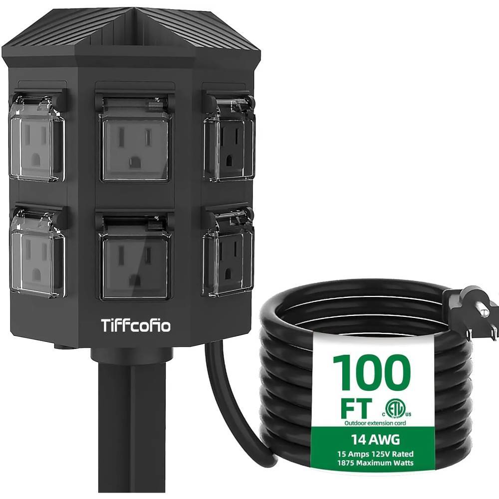 Tiffcofio Outdoor Power Strip with Stake, 100 FT Extension Cord