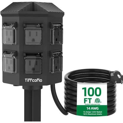 Tiffcofio Outdoor Power Strip with Stake, 100 FT Extension Cord
