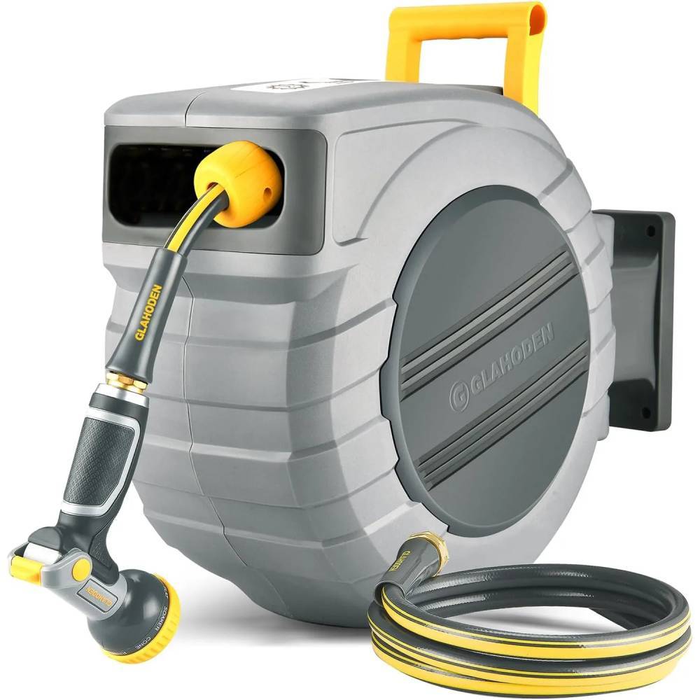 Glahoden Retractable Garden Hose Reel Brass Fitting 9 Pattern Nozzle