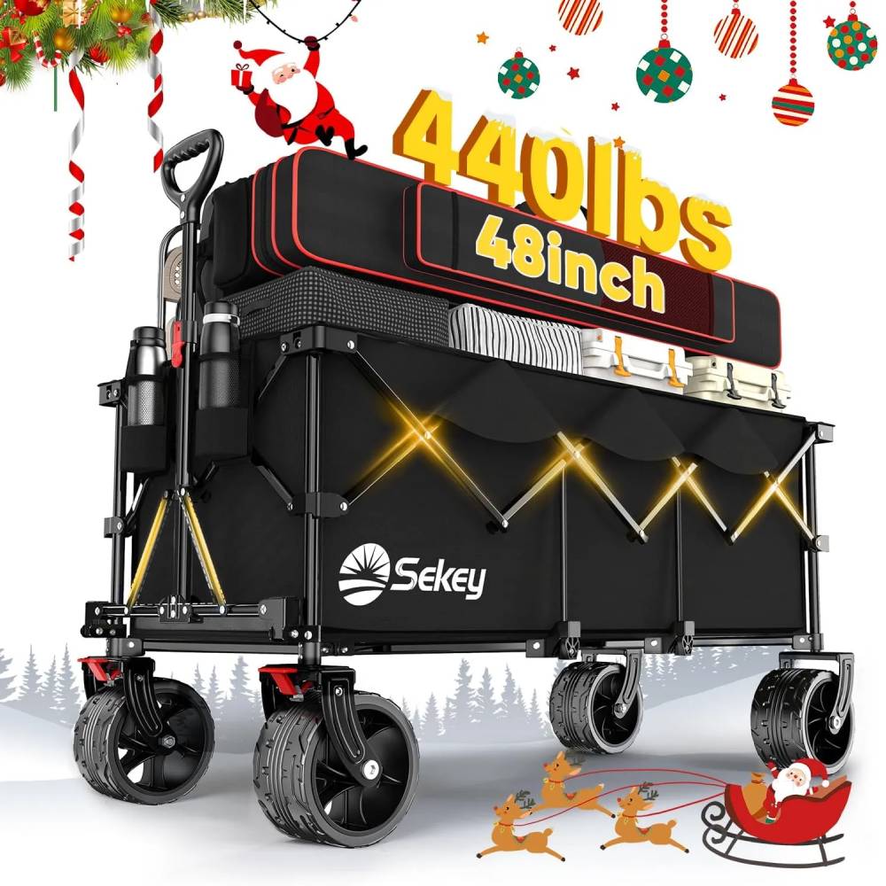 Sekey 48''L Collapsible Foldable Extended Wagon with Big All-Terrain Beach Wheels & Drink Holders