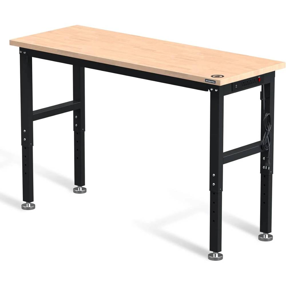 WORKPRO 60" Adjustable Workbench Rubber Wood Top Heavy-Duty Workstation