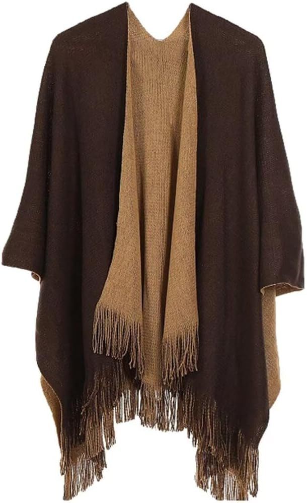 Women's Warm Shawl Wraps Plaid Poncho Cape Long Tassel Blanket Pashmina Sweater Coat Open Front Cardigan Block Floral Stripe