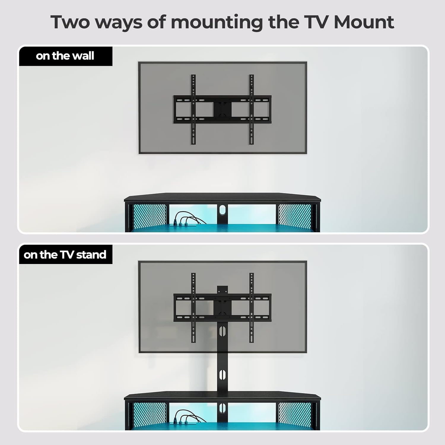 Rolanstar TV Stand with Mount and Power Outlet with LED Lights , Height Adjustable Mount