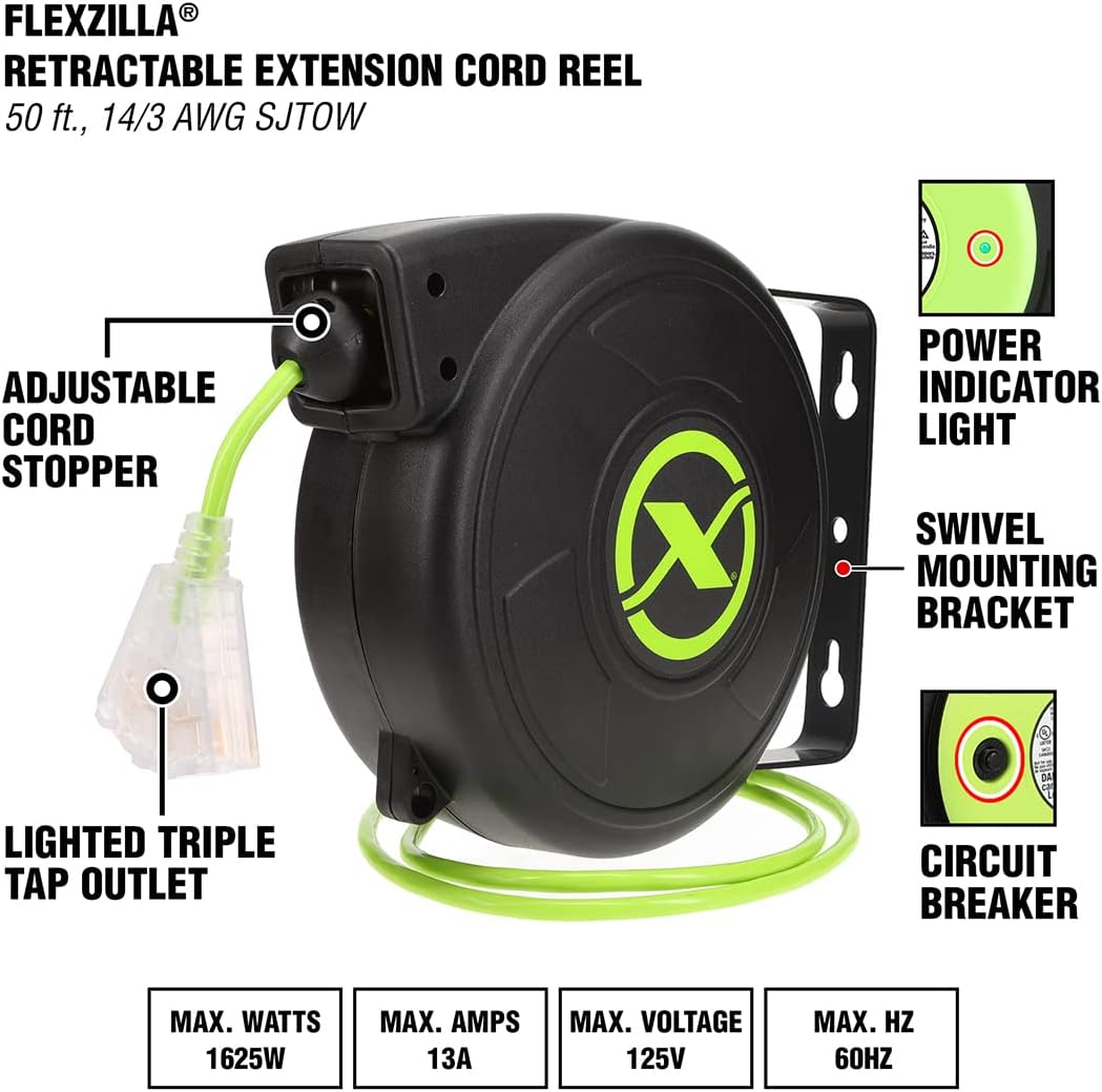 Flexzilla Retractable Extension, Grounded Triple Tap Outlet Electric Cord Reel