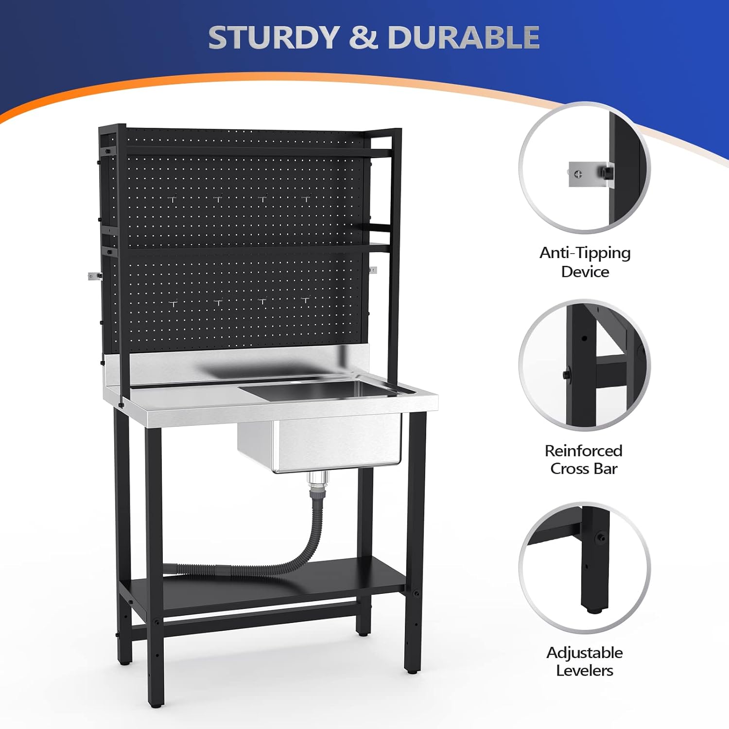 VINGLI Commercial Sink with Drainboard and Adjustable Shelves Pegboard