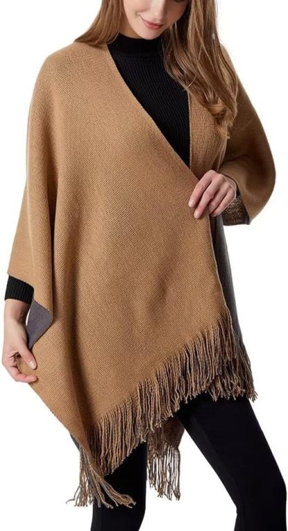 Women's Warm Shawl Wraps Plaid Poncho Cape Long Tassel Blanket Pashmina Sweater Coat Open Front Cardigan Block Floral Stripe