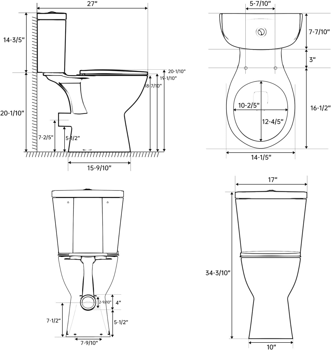 SUPERFLO Rear Outlet Toilet With 19 Inch Tall Toilet Bowl & Tank