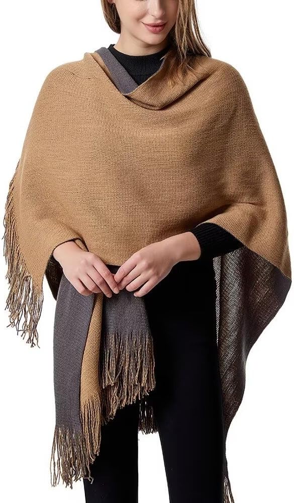 Women's Warm Shawl Wraps Plaid Poncho Cape Long Tassel Blanket Pashmina Sweater Coat Open Front Cardigan Block Floral Stripe