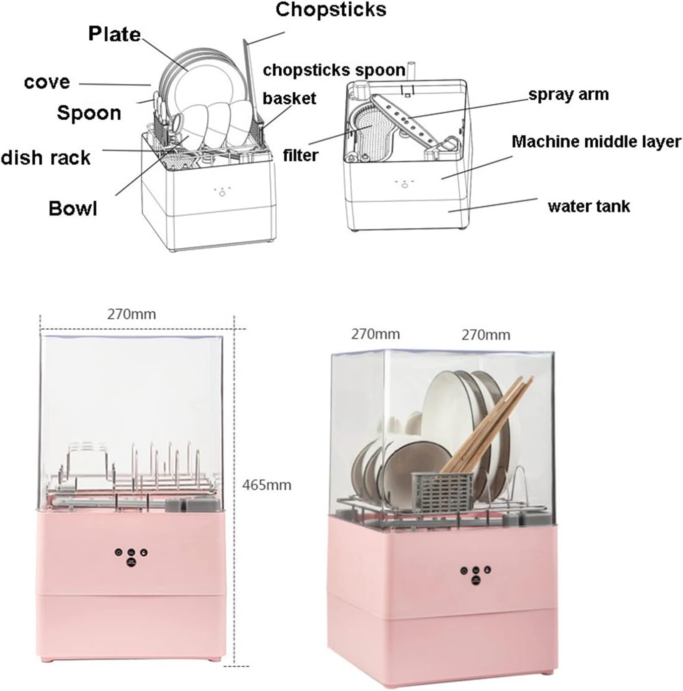 QXWJ Portable Countertop Dishwasher, Pink
