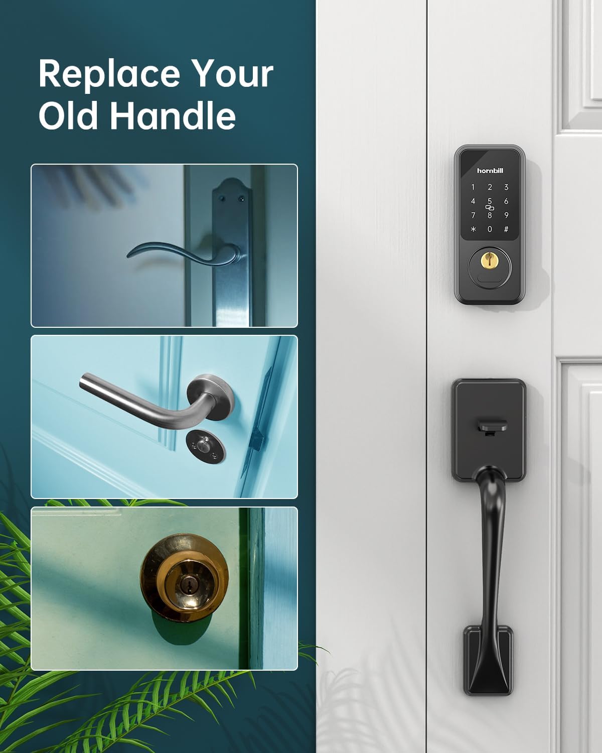 Hornbill Keyless Entry Door Lock with Handle, Digital Lock via Bluetooth APP/Keyfob/Auto Lock