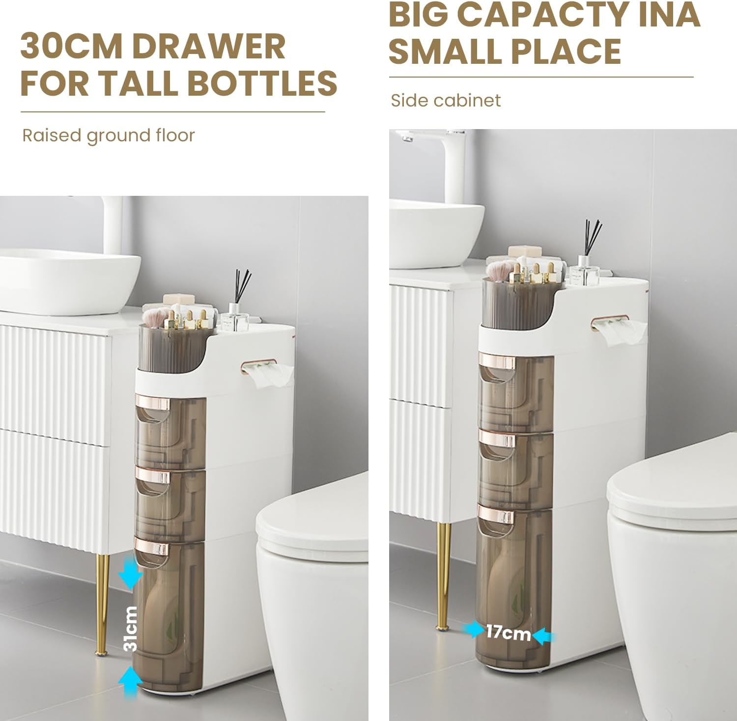 IKBAOME Slim Bathroom Storage Cabinet, 3-Tiers No-Assembly
