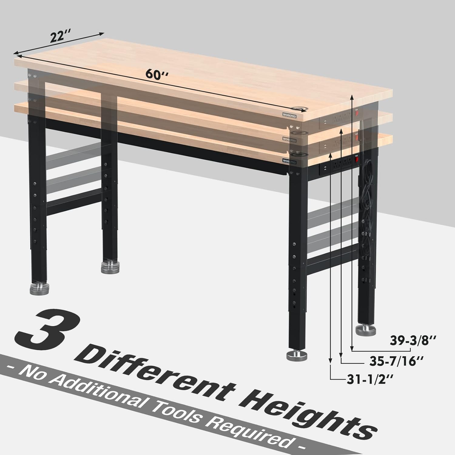WORKPRO 60" Adjustable Workbench Rubber Wood Top Heavy-Duty Workstation